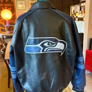 NFL Seattle Seahawks Black and Blue Leather Bomber Jacket
